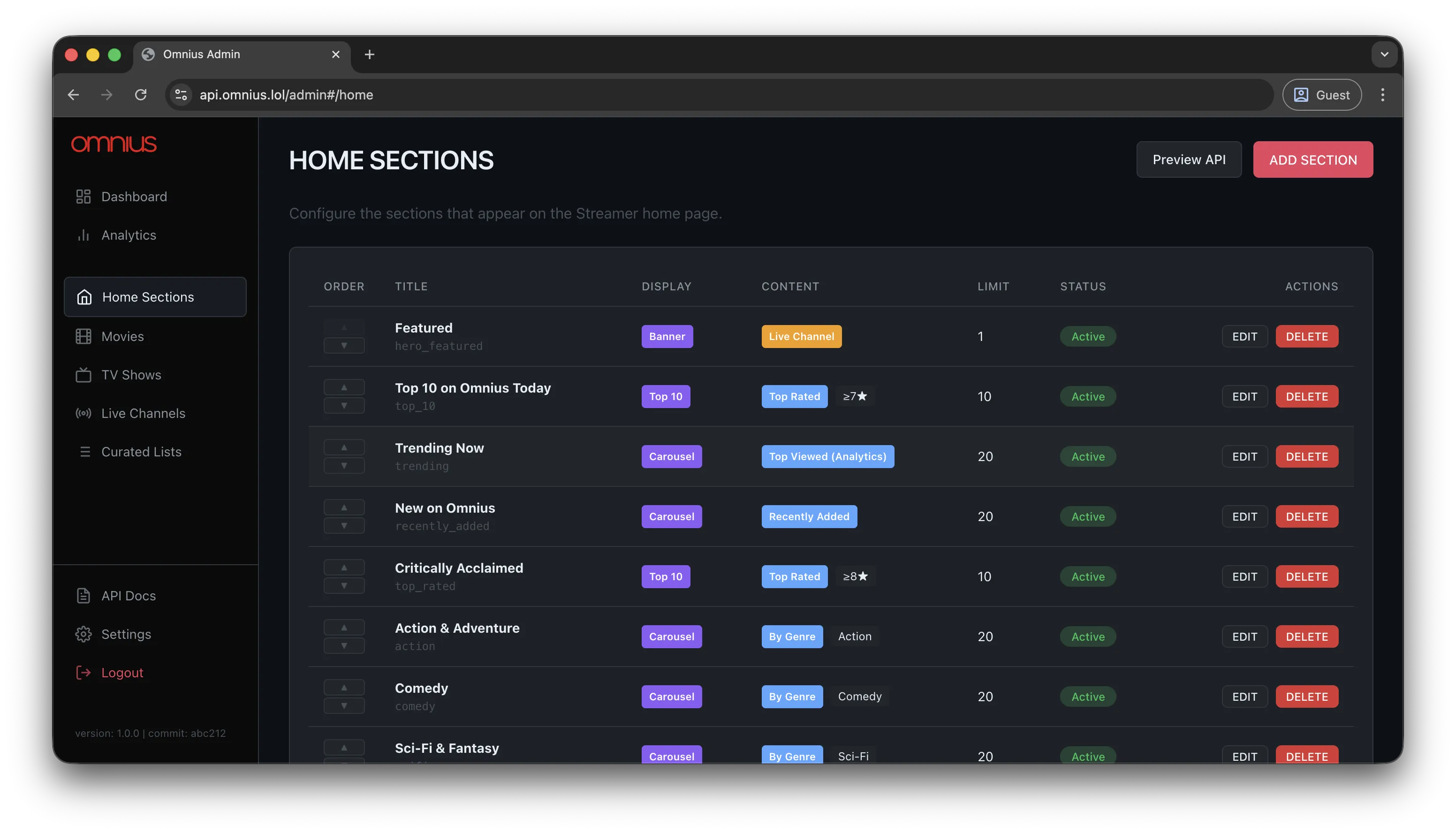 Admin Panel - Home Sections